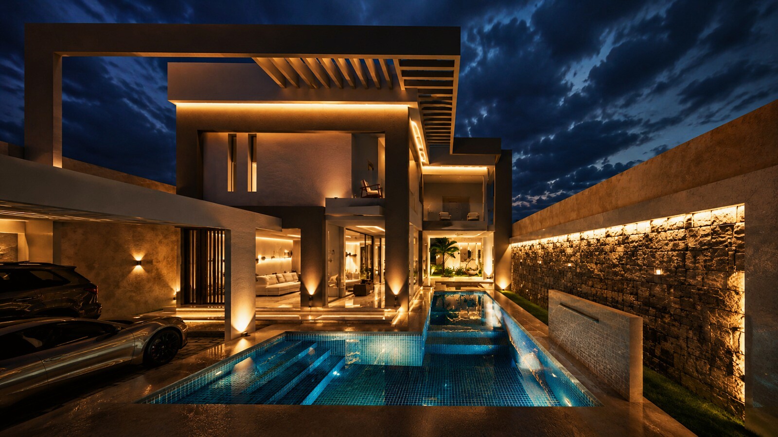 Residência contemporânea com piscina iluminada ao anoitecer, projeto de Ruan Sillva