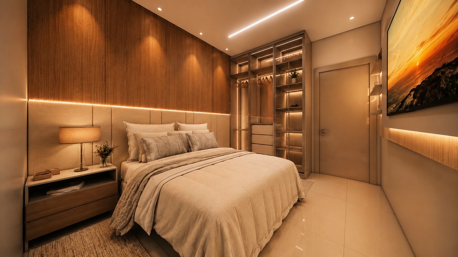Suíte com closet integrado, marcenaria em madeira e iluminação quente