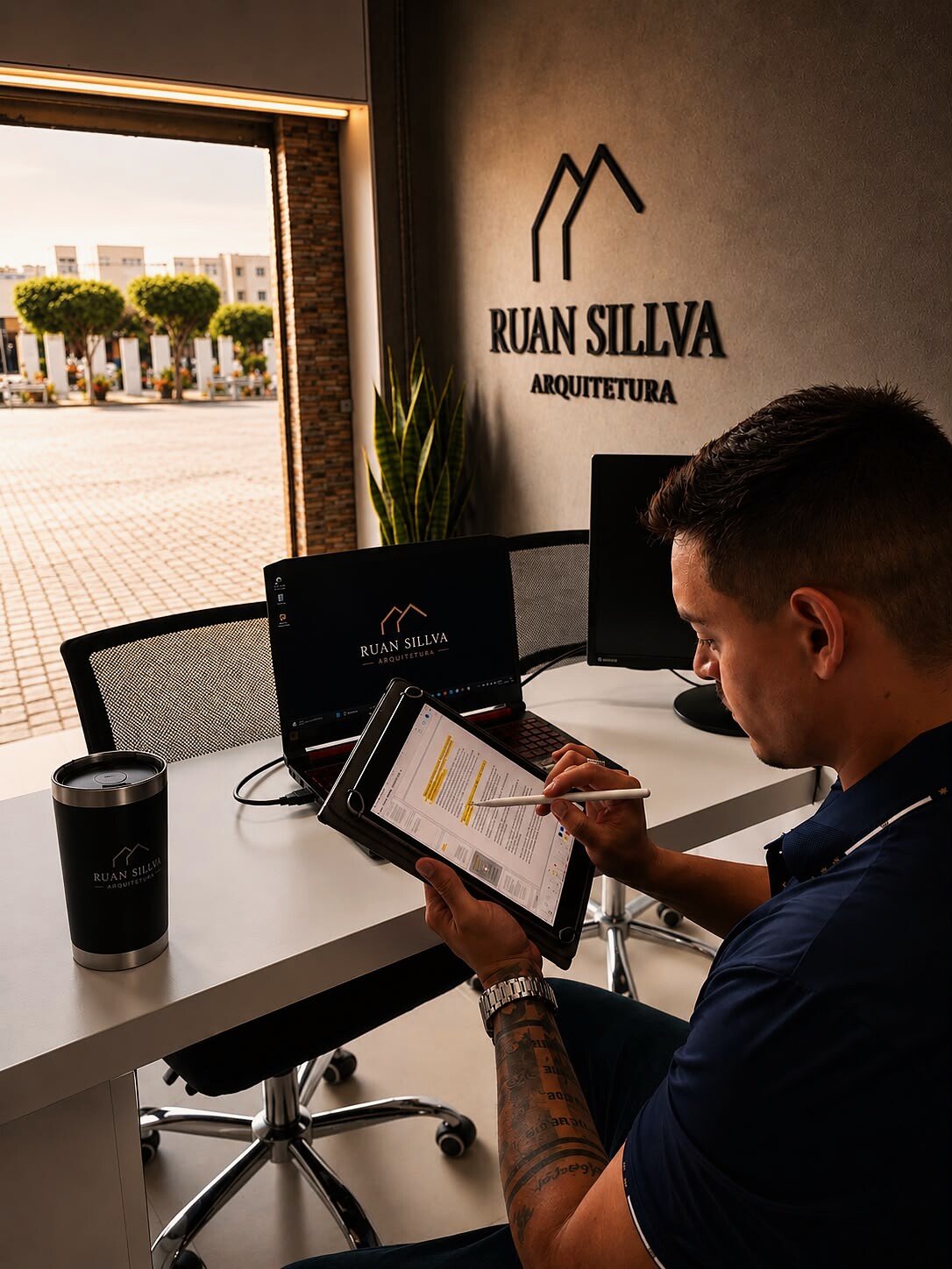 Ruan Sillva, arquiteto projetista, desenvolvendo projeto no tablet em seu escritório