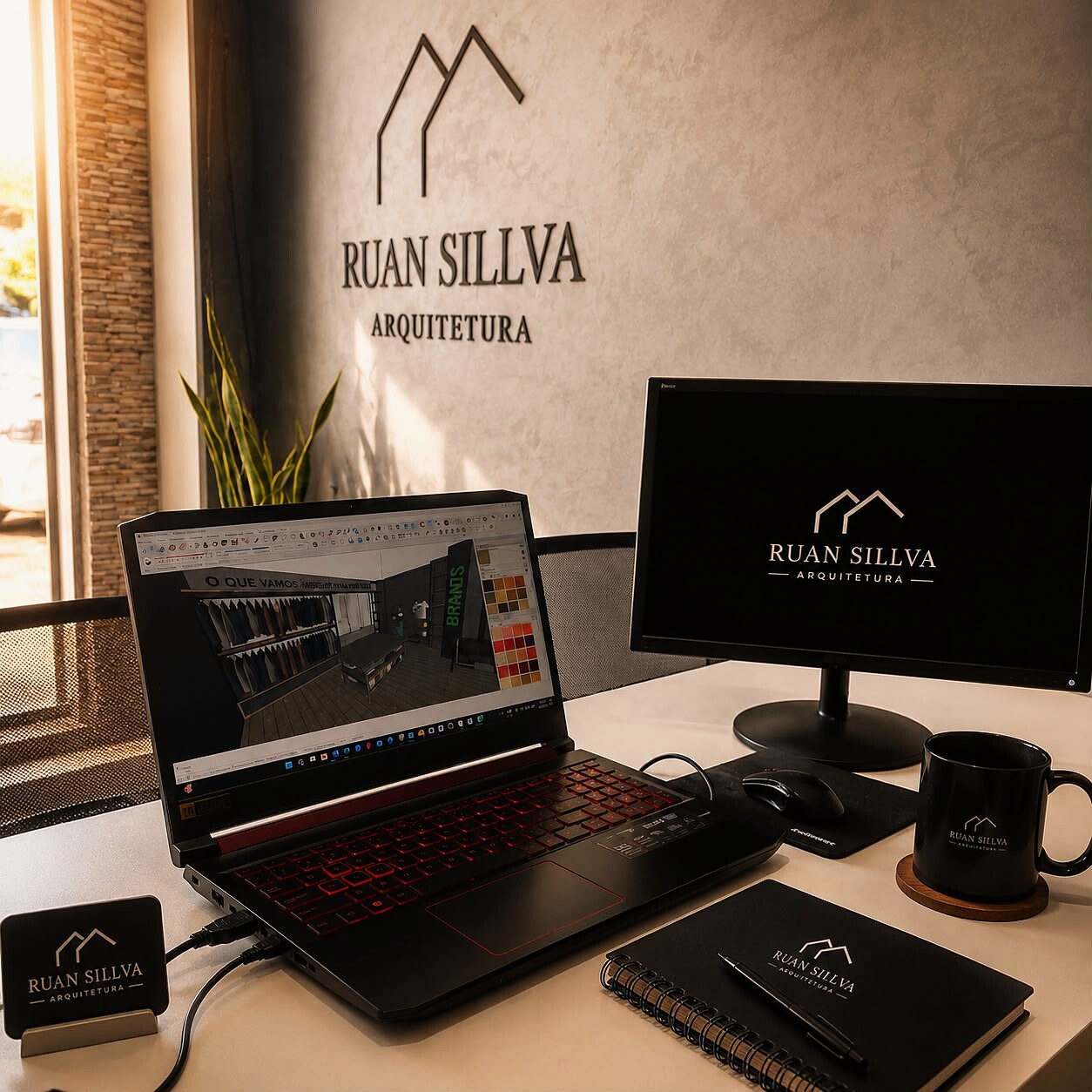 Mesa de trabalho de Ruan Sillva com projeto em tela e a marca Ruan Sillva Arquitetura